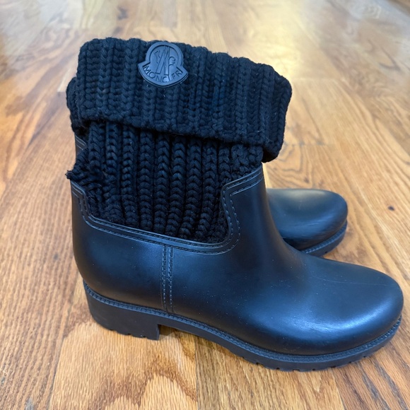 Moncler Ginette Knit Cuff Leather Rain Boot Size 9 US - Picture 1 of 3